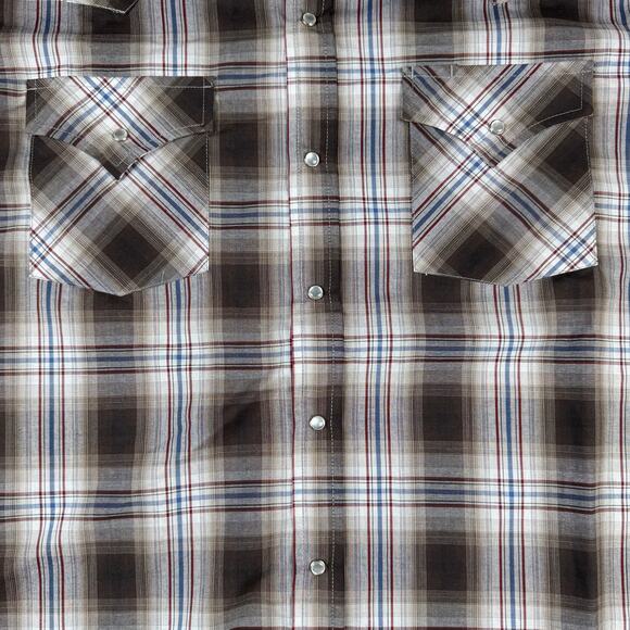 Ely Cattleman Plaid Western Pearl Snap Shirt Men’s Large Brown Cream Blue Red - Picture 3 of 11